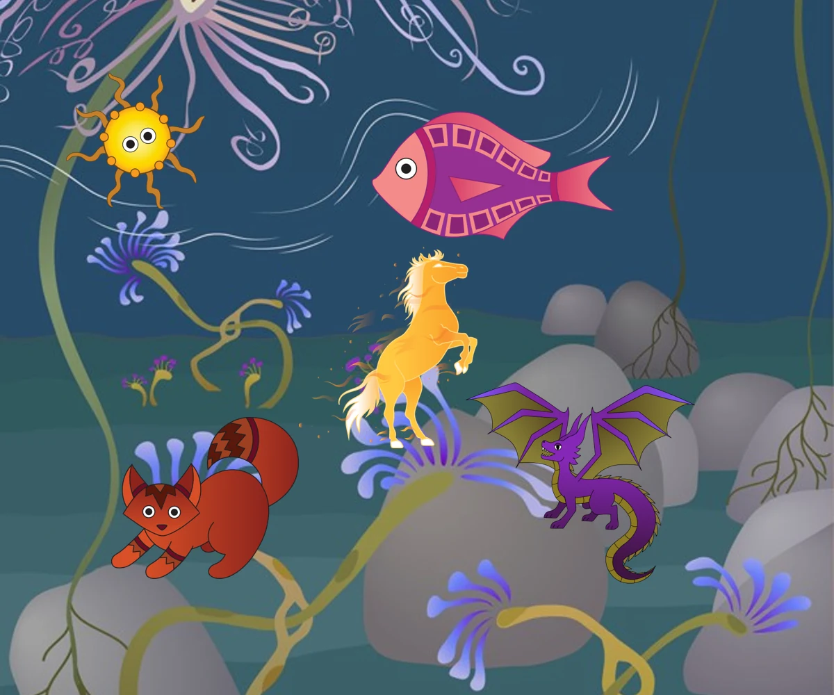 The game's bacteria, fish, fox, dragon and golden Ascended Horse in a colorful underwater landscape